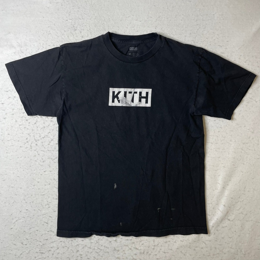 Kith T-Shirt Mens Medium Black Box Logo‎ Short Sleeve Distressed Stained